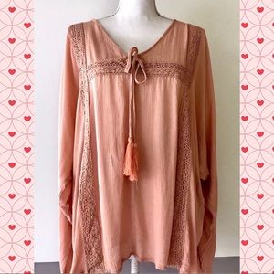 ELAN Peasant Boho Cold Shoulder Tassel Top Blouse
